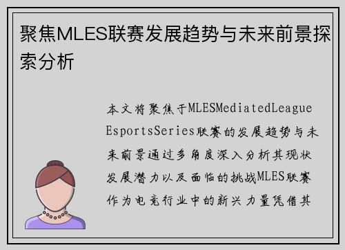 聚焦MLES联赛发展趋势与未来前景探索分析
