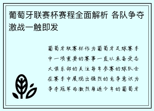 葡萄牙联赛杯赛程全面解析 各队争夺激战一触即发