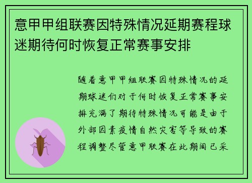 意甲甲组联赛因特殊情况延期赛程球迷期待何时恢复正常赛事安排
