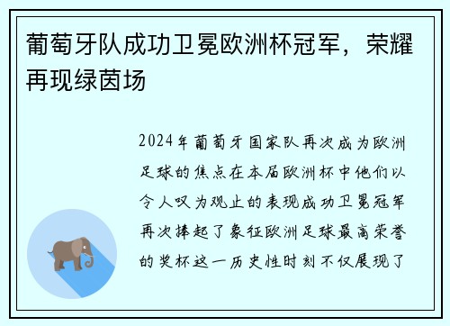 葡萄牙队成功卫冕欧洲杯冠军，荣耀再现绿茵场